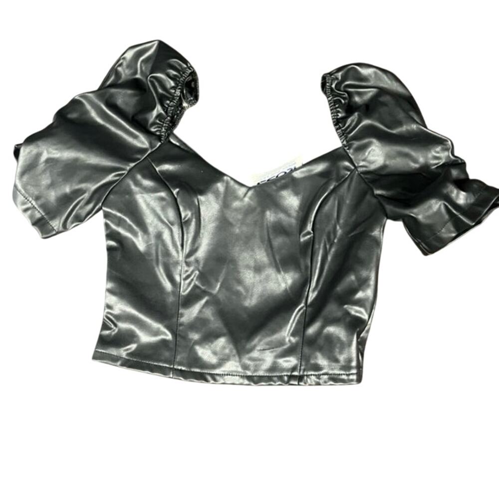 Haute Monde Small Black Faux Leather Puff Sleeve Crop Top NWT Trendy Cute